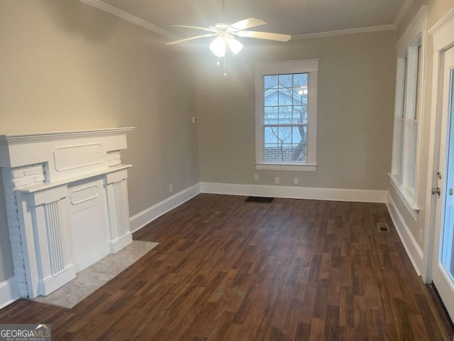 unfurnished living room featuring ornamental molding, dark hardwood / wood-style floors, and ceiling fan