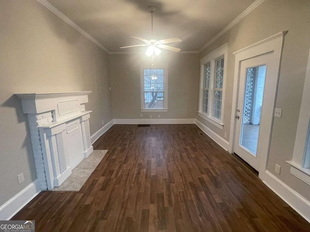 interior space featuring crown molding, ceiling fan, and dark wood-type flooring