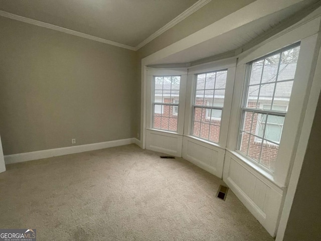 empty room featuring ornamental molding, plenty of natural light, and light carpet