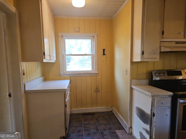 clothes washing area with crown molding and wooden walls