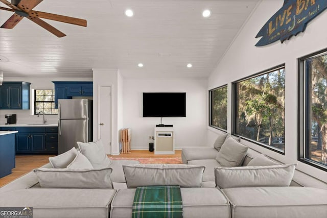 living room featuring sink, wood ceiling, and light hardwood / wood-style flooring