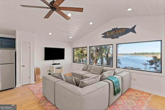 living room featuring ceiling fan, wooden ceiling, lofted ceiling, and light wood-type flooring