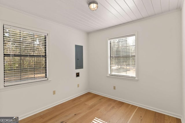 empty room featuring electric panel, light hardwood / wood-style flooring, and wooden ceiling