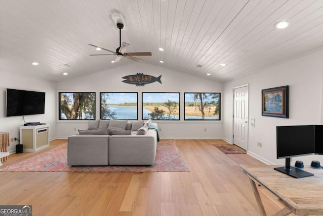 living room featuring wood ceiling, plenty of natural light, vaulted ceiling, and light hardwood / wood-style flooring