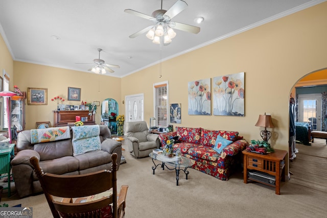 carpeted living room with crown molding