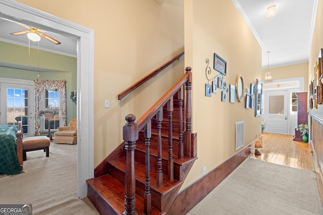 staircase featuring hardwood / wood-style floors, ornamental molding, and ceiling fan