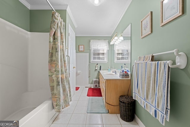 bathroom featuring vanity, crown molding, tile patterned floors, and shower / bath combo with shower curtain