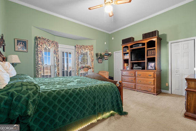 carpeted bedroom featuring ornamental molding, access to outside, and ceiling fan