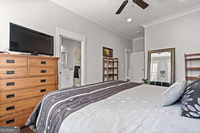 bedroom featuring ornamental molding, connected bathroom, and ceiling fan