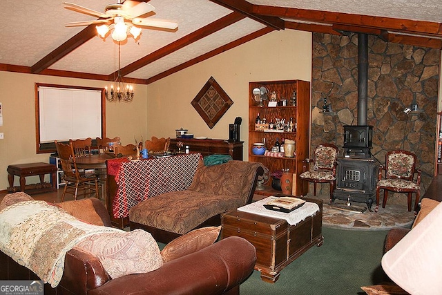 living room featuring carpet flooring, lofted ceiling with beams, a textured ceiling, and a wood stove