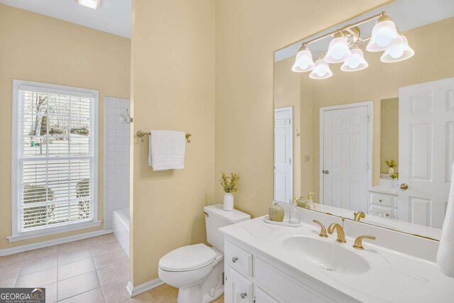 full bathroom with vanity, tile patterned floors, shower / bathtub combination, and toilet