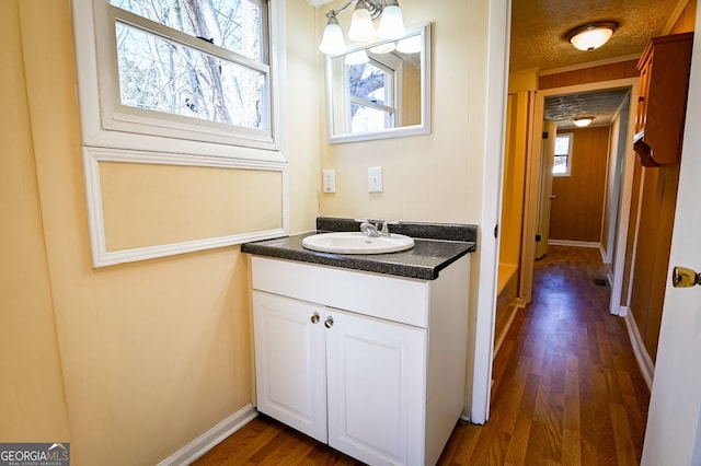 bathroom with vanity, wood-type flooring, wooden walls, and plenty of natural light