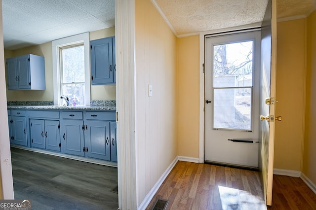 entryway featuring dark hardwood / wood-style flooring, sink, and a textured ceiling