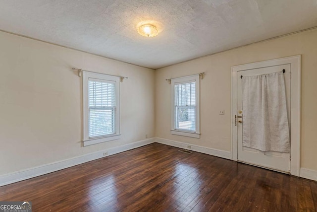 foyer with dark wood-type flooring, a textured ceiling, and a wealth of natural light