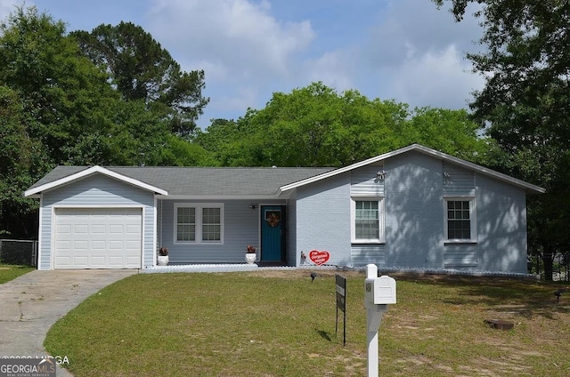 ranch-style home with a garage and a front lawn