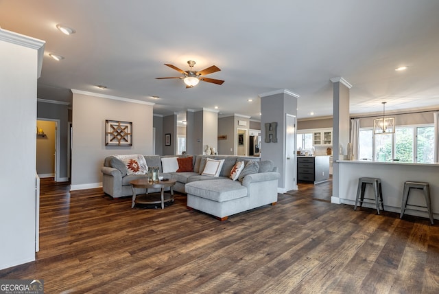254 Ridgewood Rd, Clarkesville, GA 30523 - living area with ornamental molding, baseboards, a ceiling fan, dark wood-type flooring, and recessed lighting