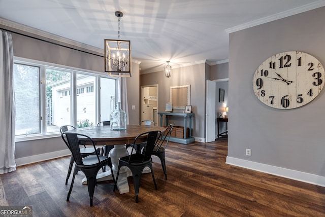 dining area with crown molding, dark hardwood / wood-style floors, and a chandelier