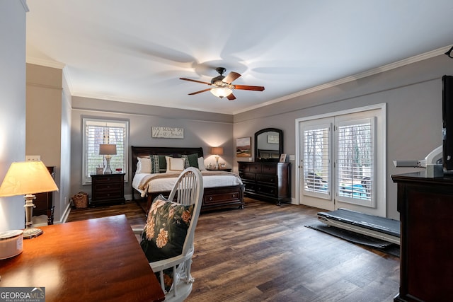 bedroom featuring dark hardwood / wood-style flooring, crown molding, access to outside, and ceiling fan