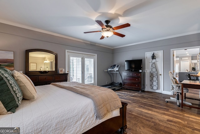 bedroom featuring stainless steel refrigerator with ice dispenser, crown molding, and dark hardwood / wood-style flooring