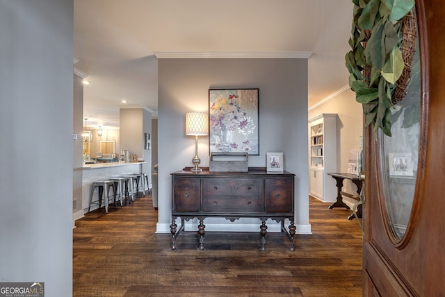 corridor with crown molding and dark wood-type flooring