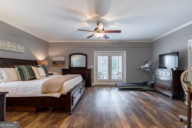 bedroom featuring access to exterior, ornamental molding, dark hardwood / wood-style floors, and ceiling fan