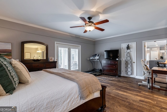 254 Ridgewood Rd, Clarkesville, GA 30523 - bedroom with stainless steel fridge, dark wood-type flooring, ornamental molding, baseboards, and ceiling fan