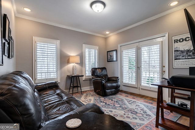 living room featuring crown molding and wood-type flooring