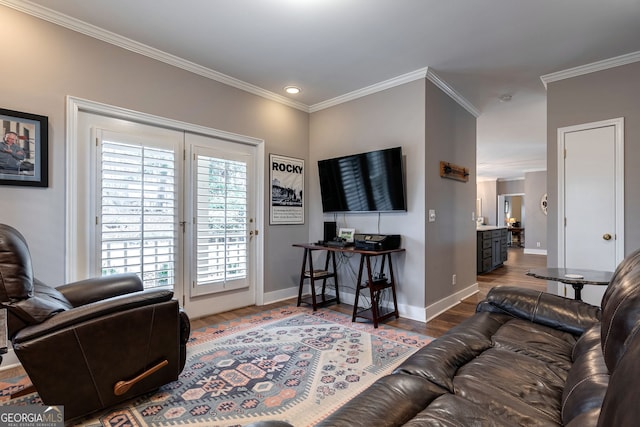 living room with crown molding and wood-type flooring