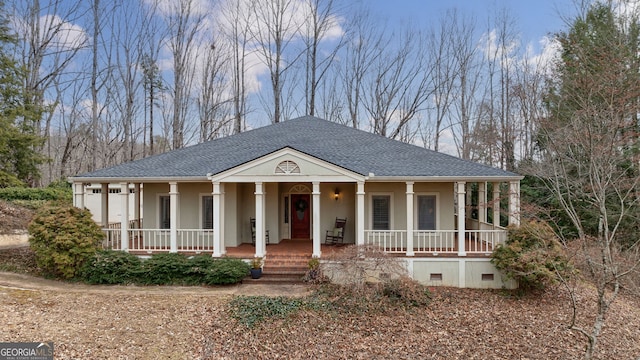 254 Ridgewood Rd, Clarkesville, GA 30523 - neoclassical / greek revival house with covered porch, roof with shingles, and stucco siding