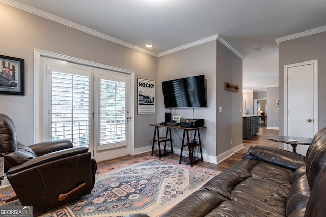 254 Ridgewood Rd, Clarkesville, GA 30523 - living room with baseboards, wood finished floors, and ornamental molding