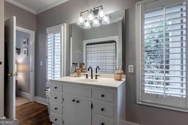 bathroom featuring crown molding, plenty of natural light, wood-type flooring, and vanity