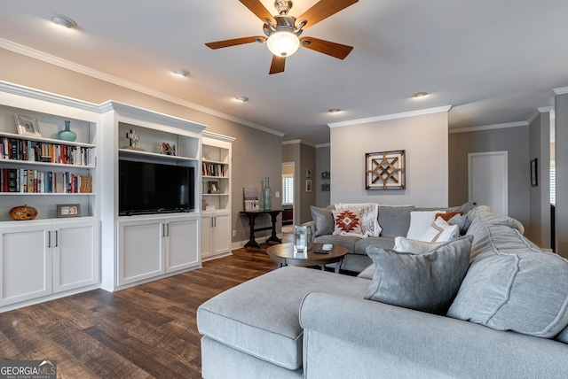 living room featuring ceiling fan, ornamental molding, and dark hardwood / wood-style flooring