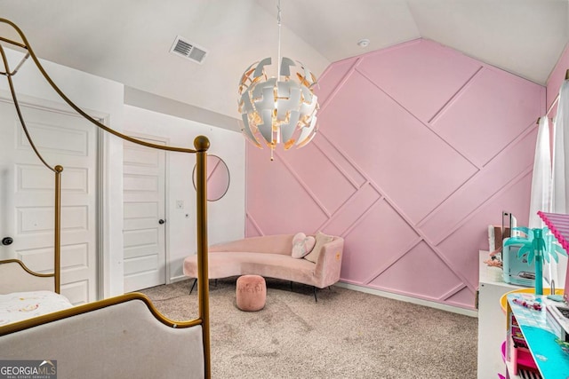 unfurnished bedroom with vaulted ceiling, carpet flooring, an inviting chandelier, and a closet