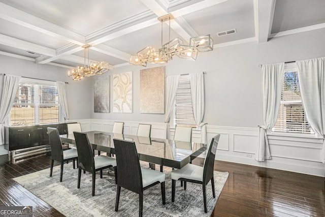 dining area featuring coffered ceiling, ornamental molding, dark hardwood / wood-style flooring, a notable chandelier, and beam ceiling