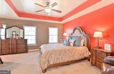 carpeted bedroom with a tray ceiling