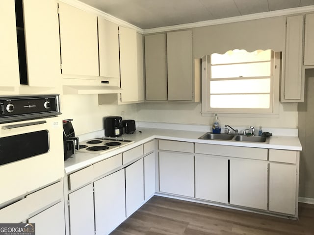 kitchen featuring white cabinetry, sink, dark wood-type flooring, and white appliances