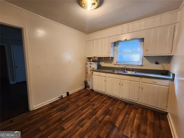 kitchen with ornamental molding, dark hardwood / wood-style flooring, sink, and gas water heater