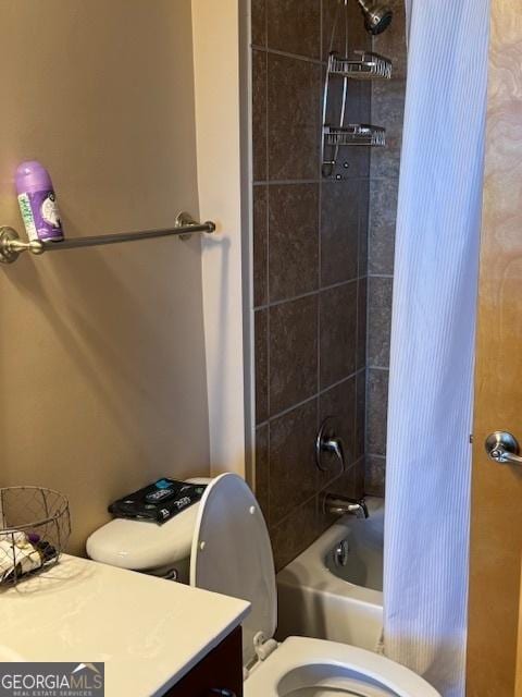 bathroom with shower / bathtub combination with curtain and toilet