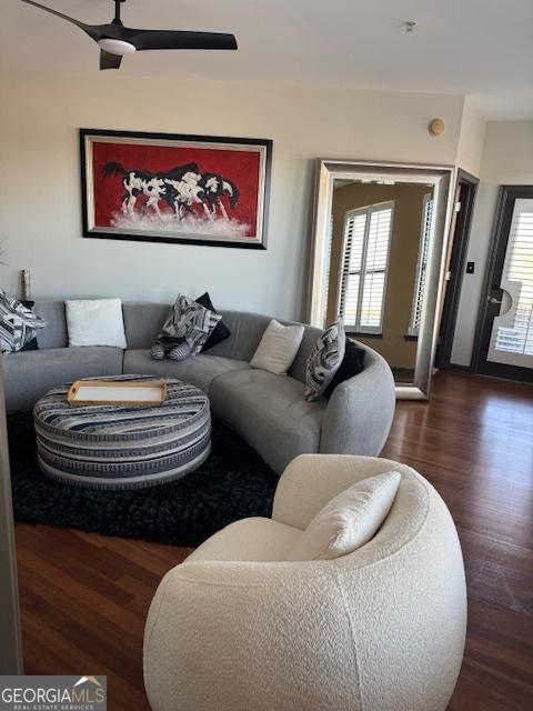 living room featuring dark wood-type flooring and plenty of natural light