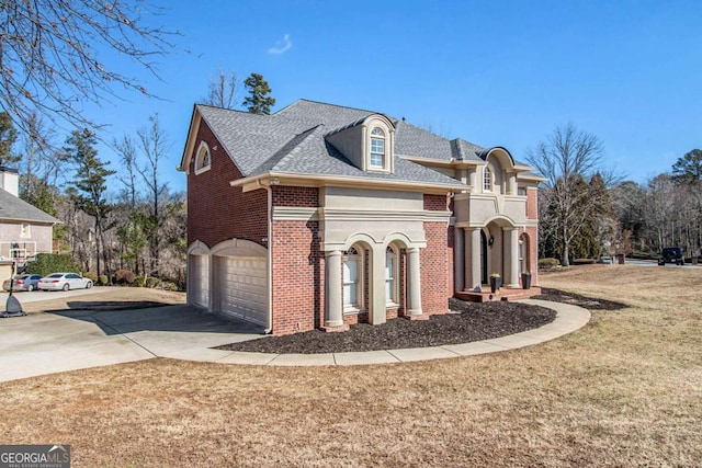 view of property exterior with a garage and a lawn