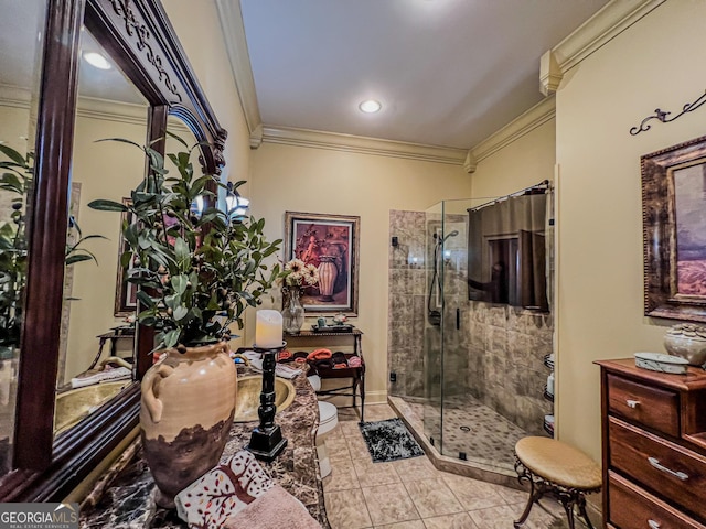 bathroom with crown molding, tile patterned floors, toilet, and an enclosed shower