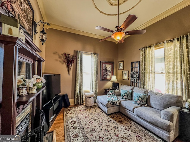 living room featuring ornamental molding and ceiling fan