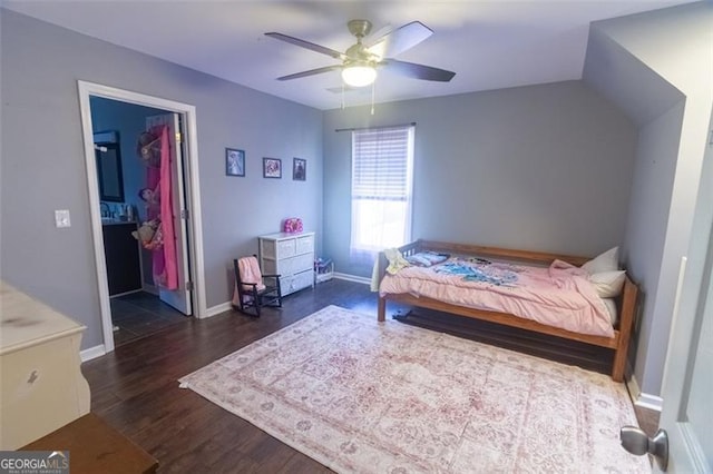 bedroom with ceiling fan and dark hardwood / wood-style flooring