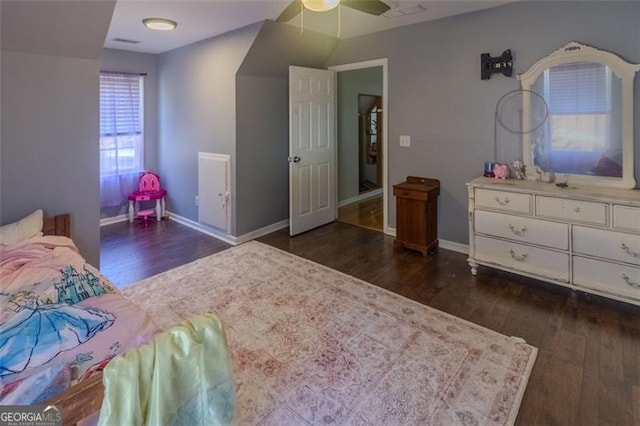 bedroom featuring dark wood-type flooring and ceiling fan