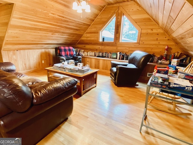 living room with wood ceiling, wooden walls, vaulted ceiling, and hardwood / wood-style flooring