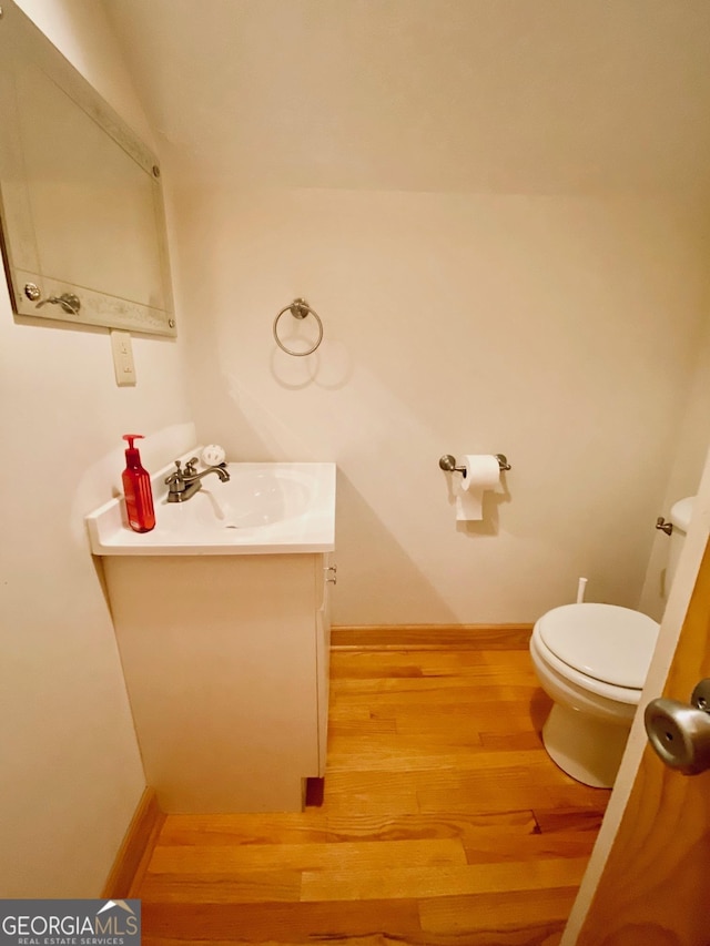 bathroom with vanity, toilet, and wood-type flooring