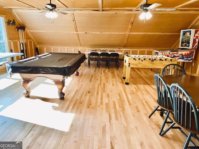 playroom featuring billiards, lofted ceiling, and hardwood / wood-style floors