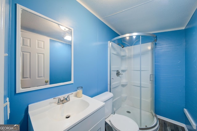 bathroom with vanity, an enclosed shower, a textured ceiling, and toilet