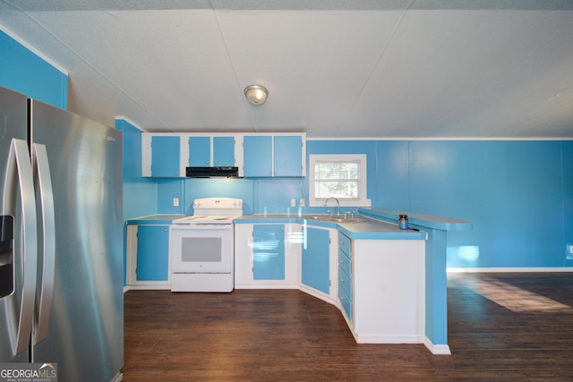 kitchen with sink, stainless steel fridge, blue cabinetry, white electric range oven, and dark hardwood / wood-style flooring