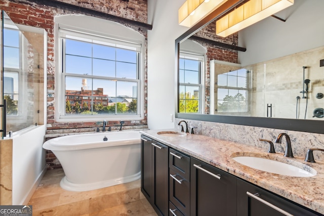 bathroom featuring a healthy amount of sunlight, a sink, and a freestanding bath